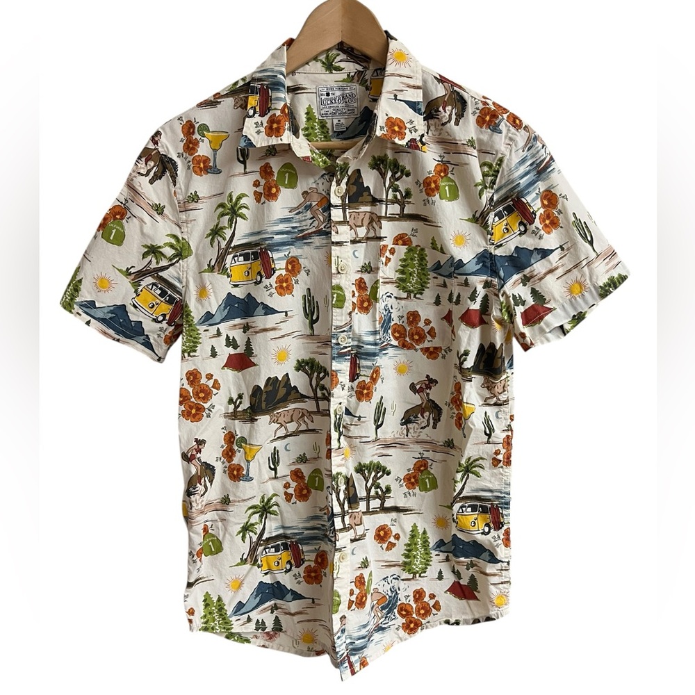 LUCKY BRAND California Cacti Coyote VW Bus Aloha Margarita Surf Shirt Sz M Fun